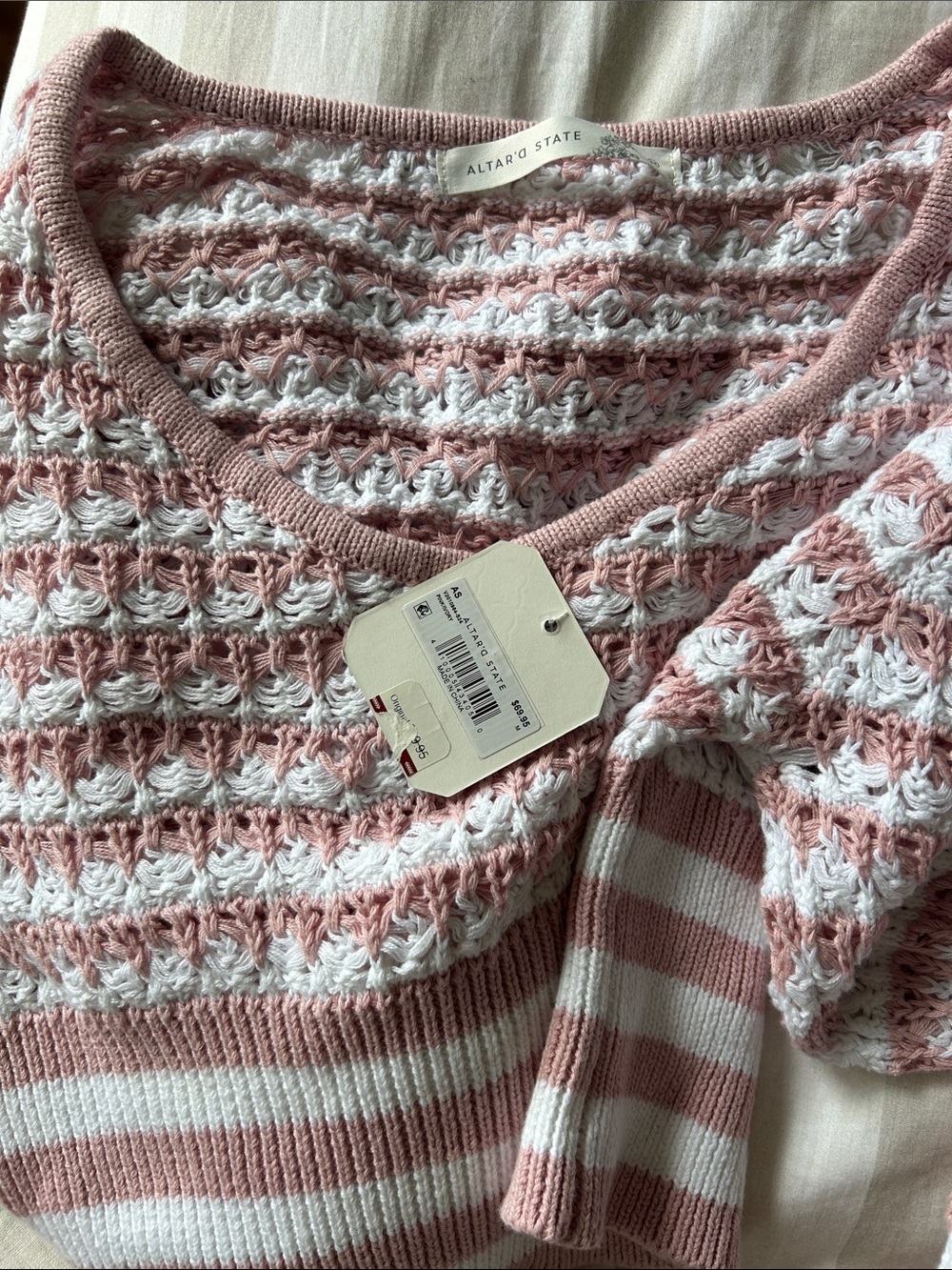 Altar'd State Pink and White Open-Knit Striped Sweater